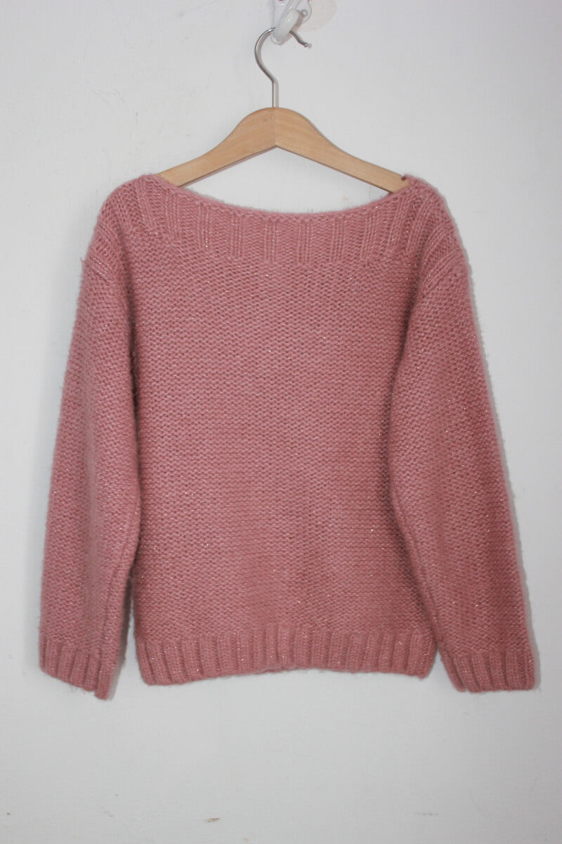 tweedehands koraalroze warme trui met een glittertje van bonton in maat 128 voor een meisje