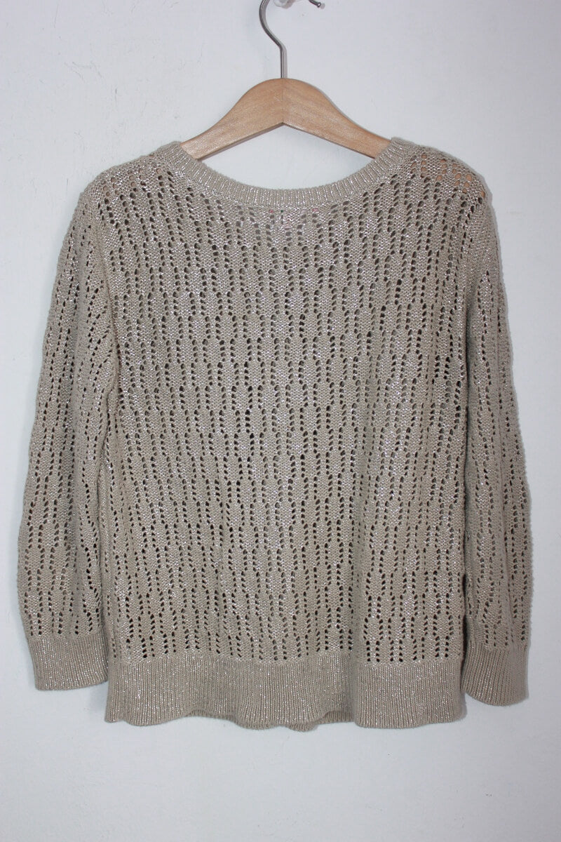 tweedehands beige ajour vest met zilver glitter van bonpoint in maat 128-134 voor een meisje