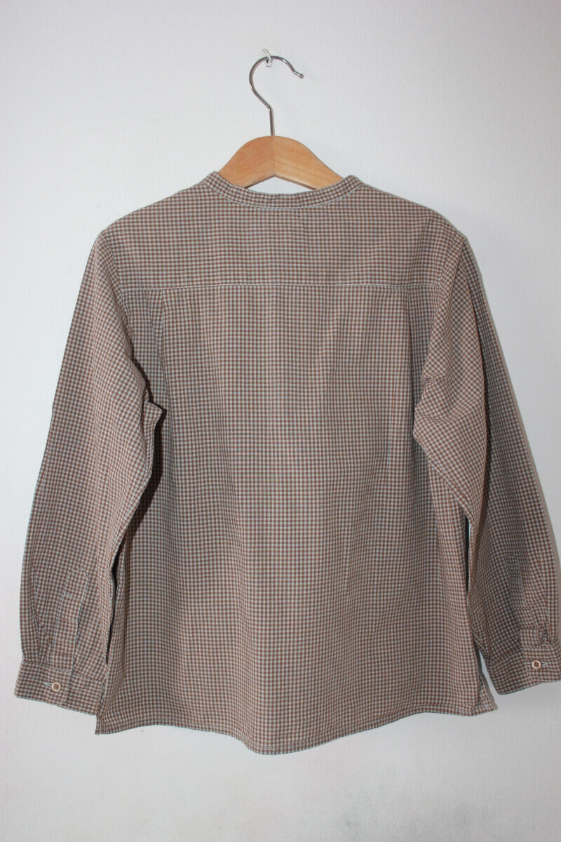 tweedehands katoenen bruin en blauw geruit overhemd met lange mouwen van bonpoint in maat 122-128 voor een jongen