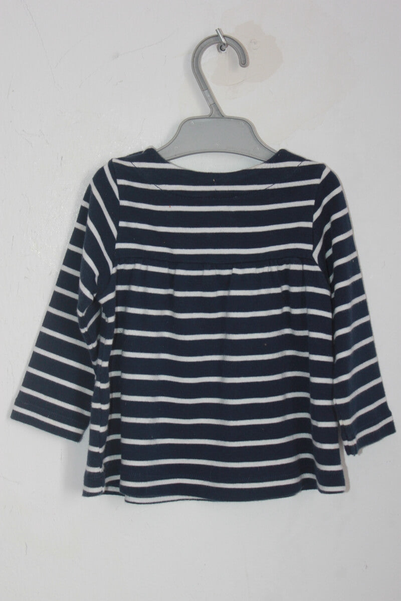 tweedehands katoenen donkerblauw met wit gestreepte longsleeve in maat 74 voor een baby meisje van jacadi