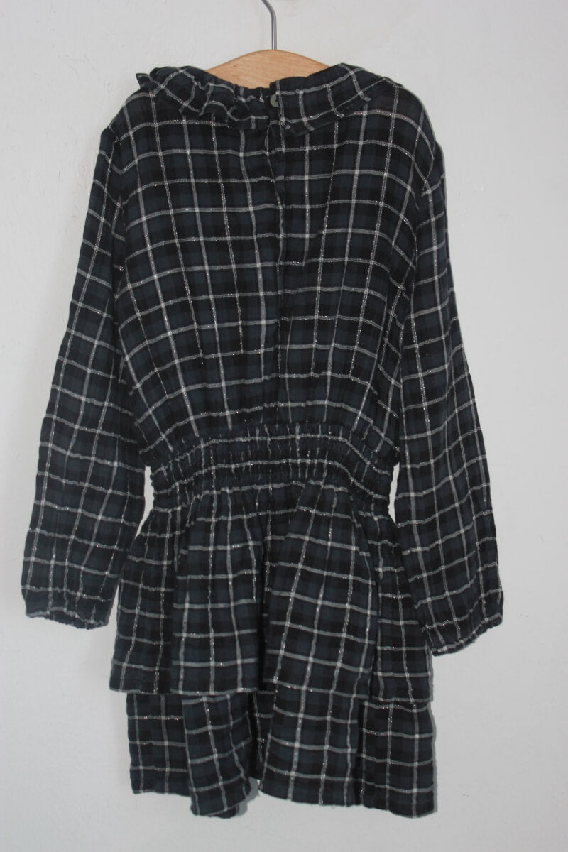 tweedehands zwart met grijze geruite jurk met lange mouwen in maat 116 van bonton