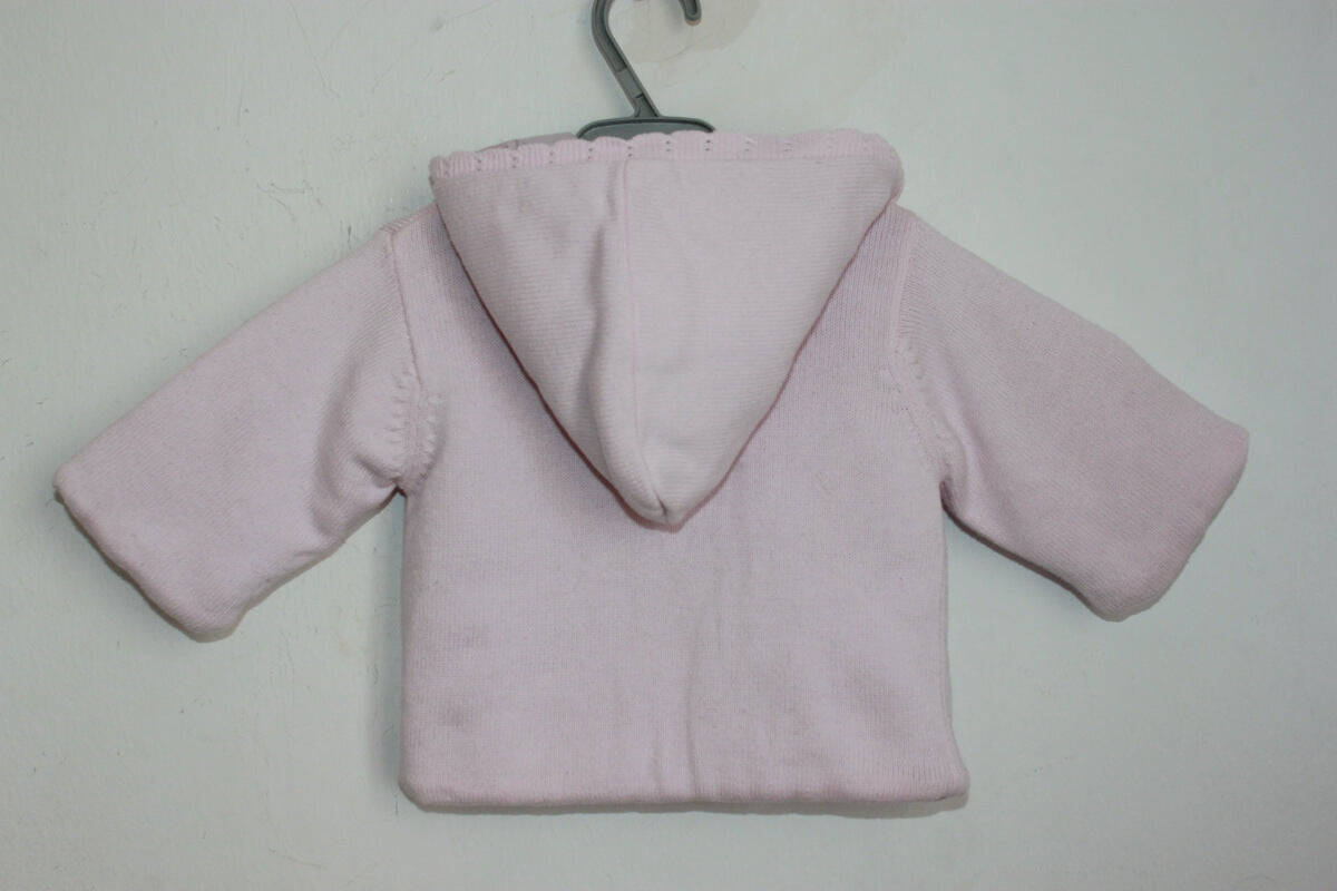 tweedehands katoenen gebreide roze jas met capuchon in maat 62 voor een baby meisje van jacadi