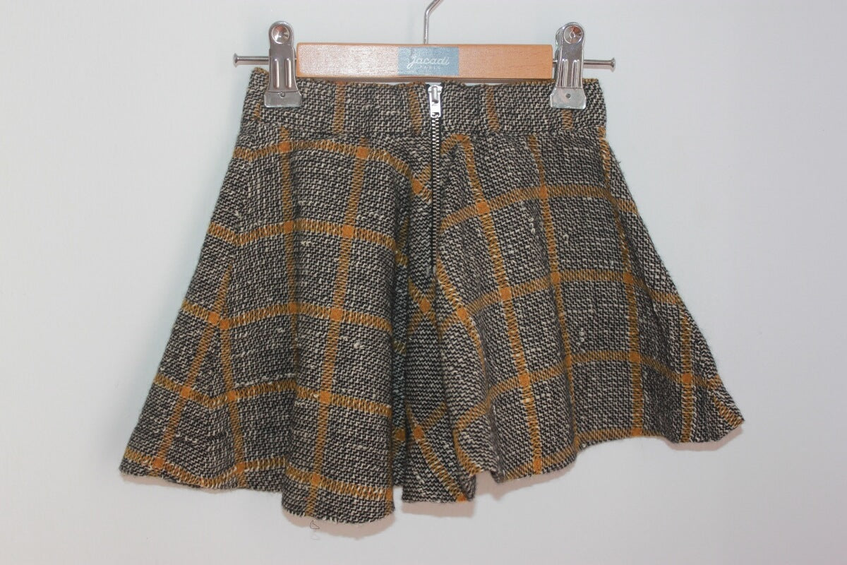 tweedehands winterse grijs met mosterdgeel geruite asymmetrische rok van bonpoint in maat 92