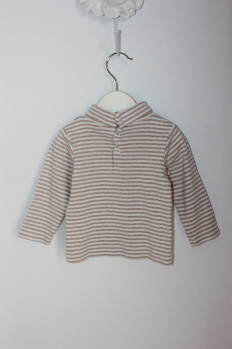 tweedehands unisex katoenen beige met creme gestreepte longsleeve met rolkraag in maat 68 van jacadi