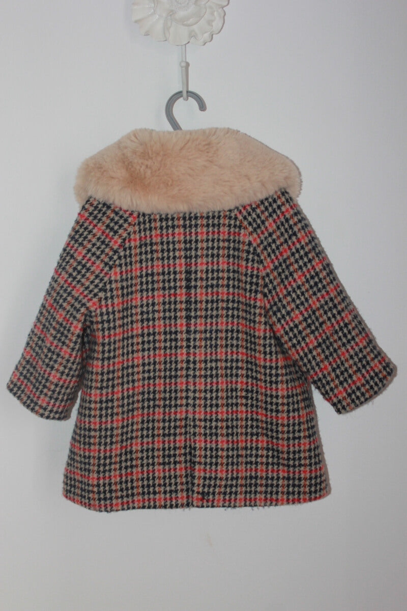 tweedehands geruite jas in multicolour met afneebare bontkraag van monoprix premium, maat 74 voor een baby meisje