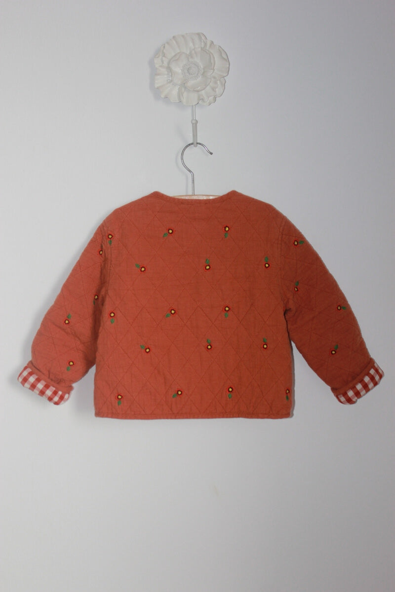 preloved roestbruine jas (voor het tussenseizoen) met geborduurde bloemetjes van monoprix in maat 98-104 voor een meisje