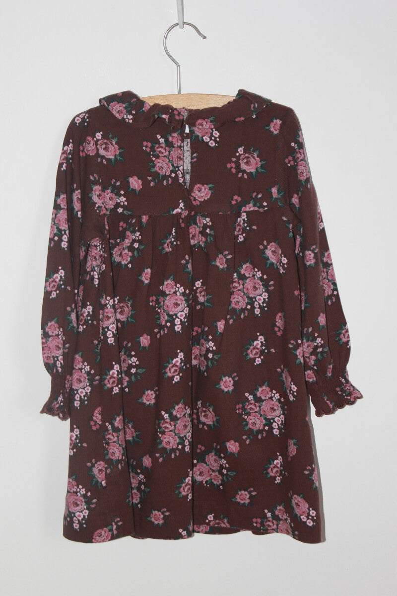 preloved auberinepaarse, met roze en groen, gebloemde jurk met lange mouwen en volant bij de hals van vert baudet in maat 104