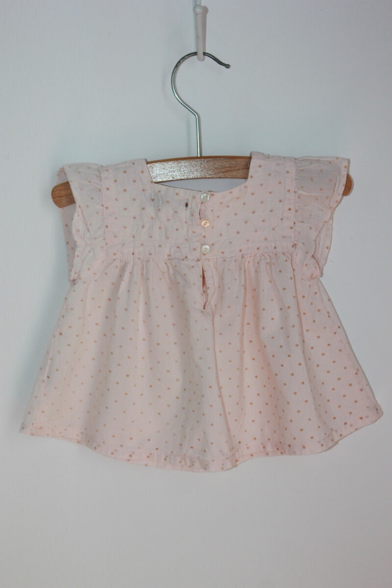 preloved katoenen zomerse roze blouse met stipjes en korte mouwen in maat 62 van boutchou