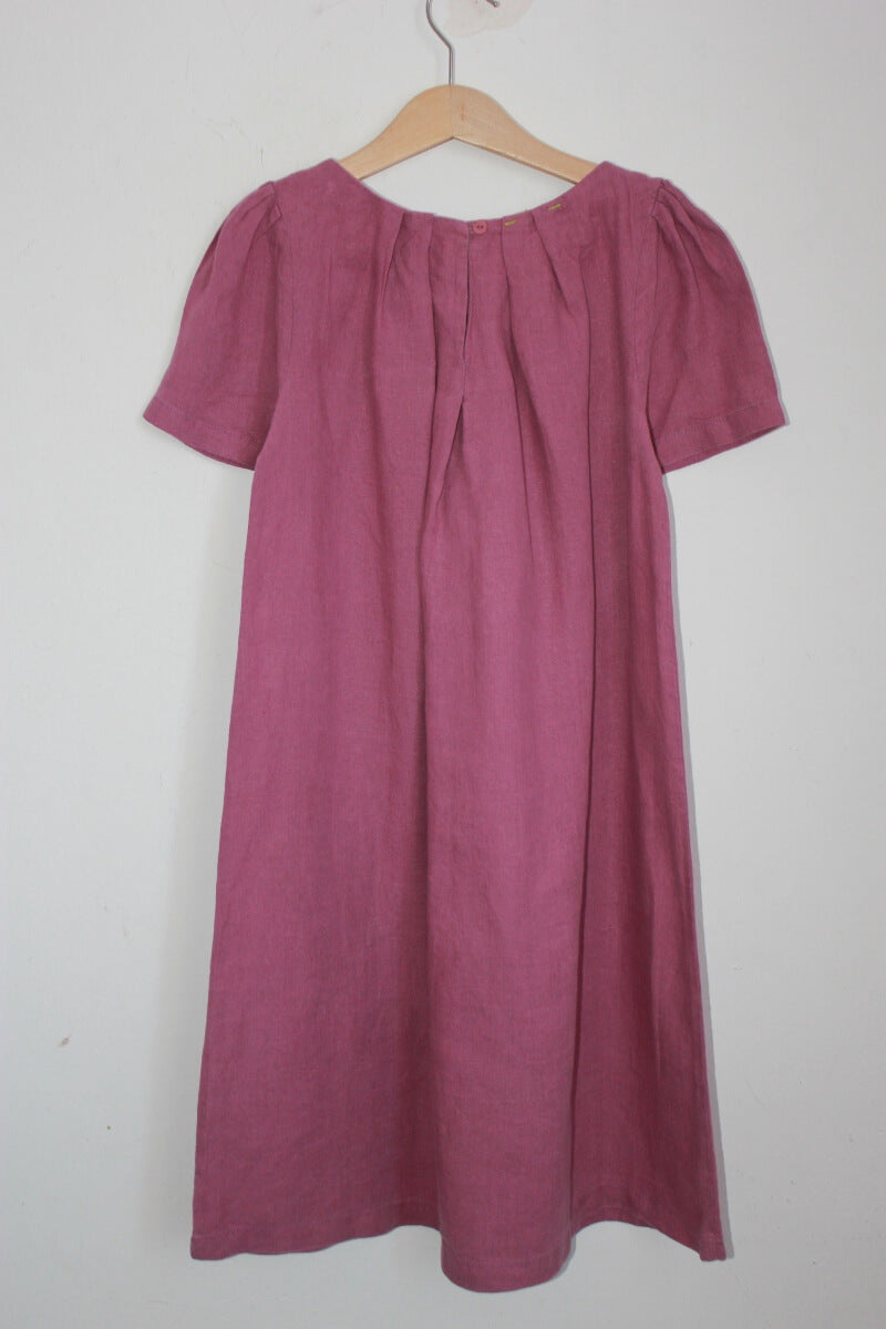 tweedehands-mauve-linnen-jurk-korte-mouwen-maat-140-monoprix