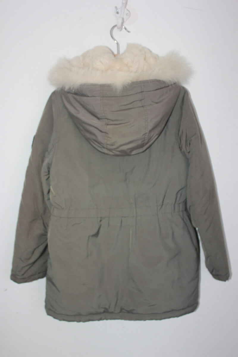 tweedehands unisex legergroene winterjas met capuchon en ecru bont van bonpoint in maat 134-140