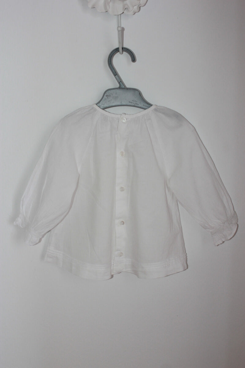 tweedehands katoenen wit en roze gesmockte blouse met lange mouwen in maat 74 van bout´chou