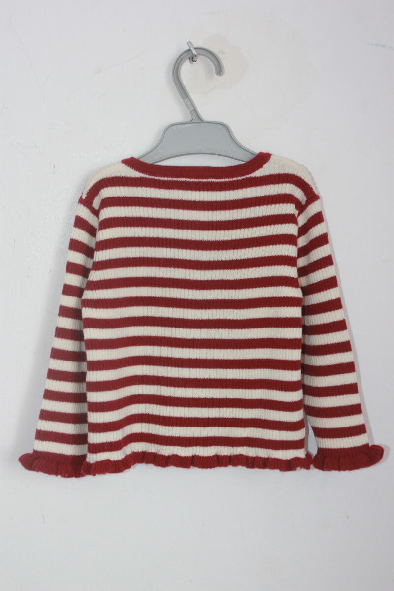 tweedehands bordeaux en wit gestreept vest in maat 74 voor een baby meisje van cyrillus