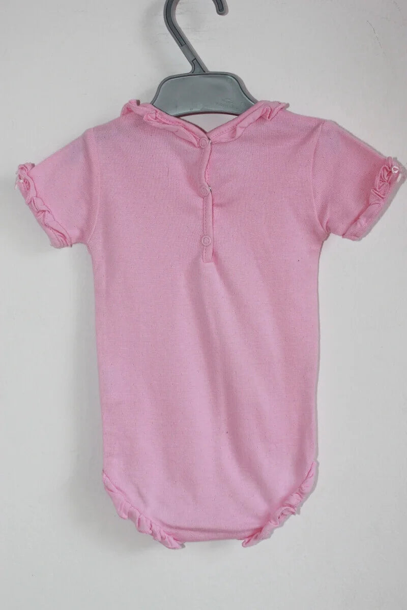 tweedehands katoenen roze romper met korte mouwen en een volantkraagje, van jacadi in maat 68