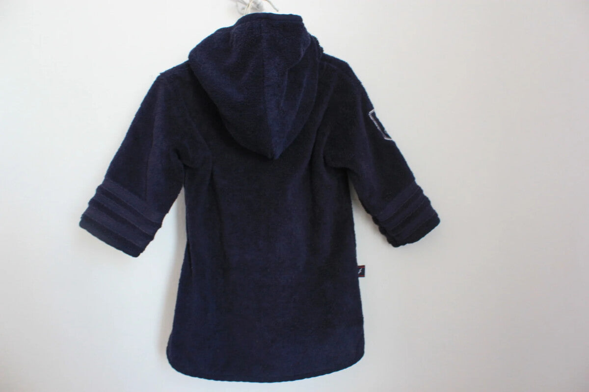 tweedehands katoenen donkerblauwe badjas met capuchon van jacadi in maat 80 voor een baby jongen