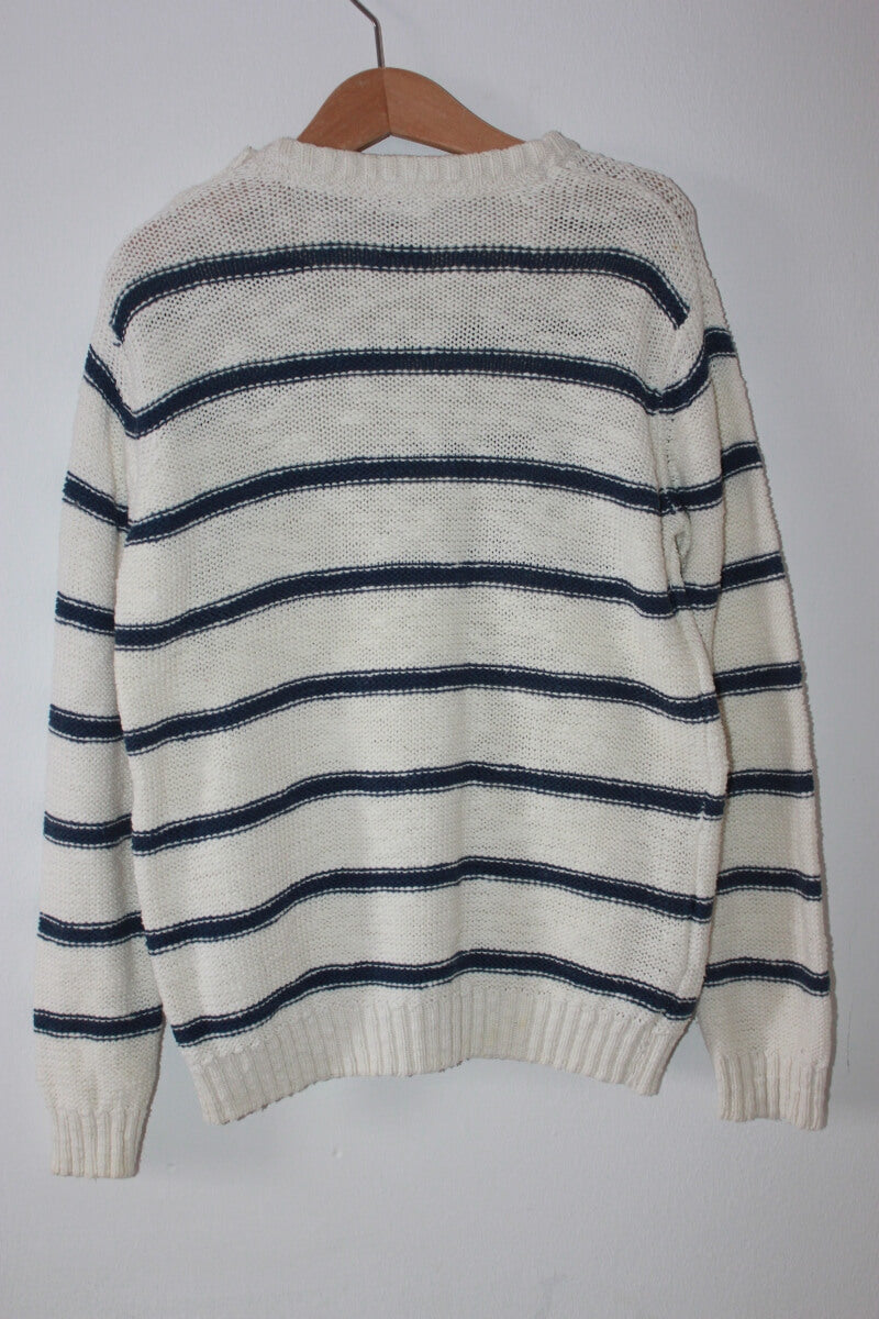 tweedehands-donkerblauw-ecru-gestreepte-trui-maat-128-tao