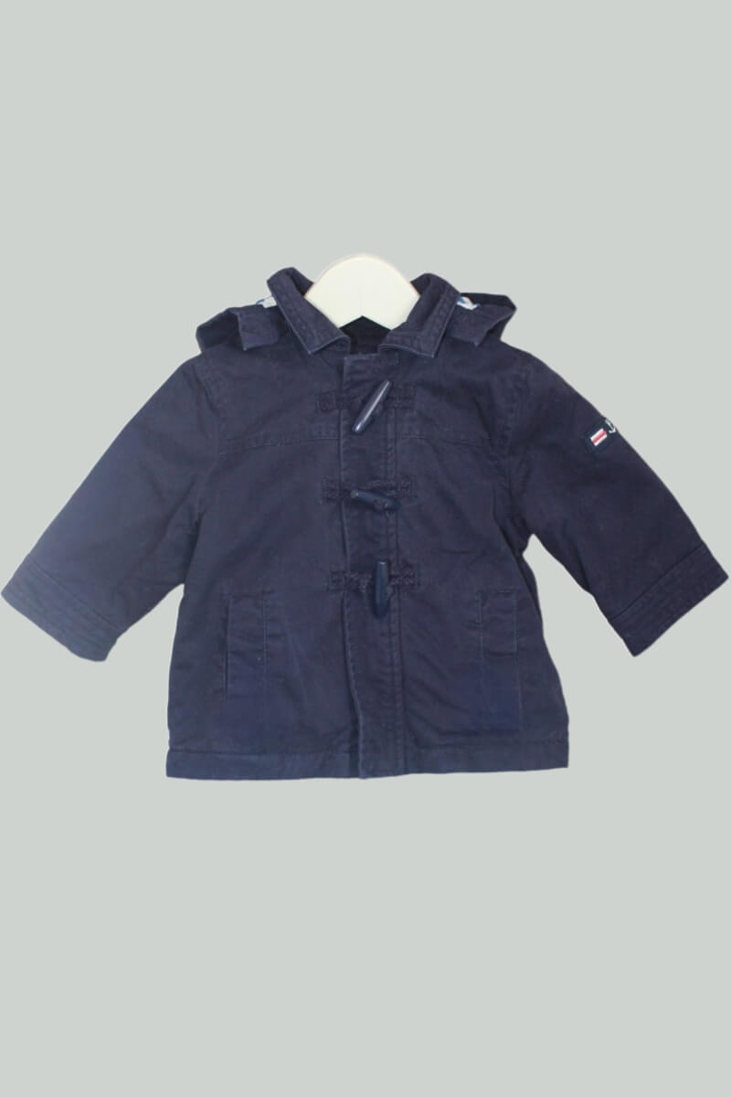 tweedehands unisex katoenen donkerblauwe jas met capuchon in maat 68 van jacadi 