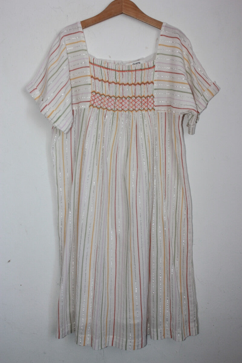 tweedehands zomerse gesmokte en gestreepte jurk in multicolour met korte mouwen maat 158-164 van bonpoint