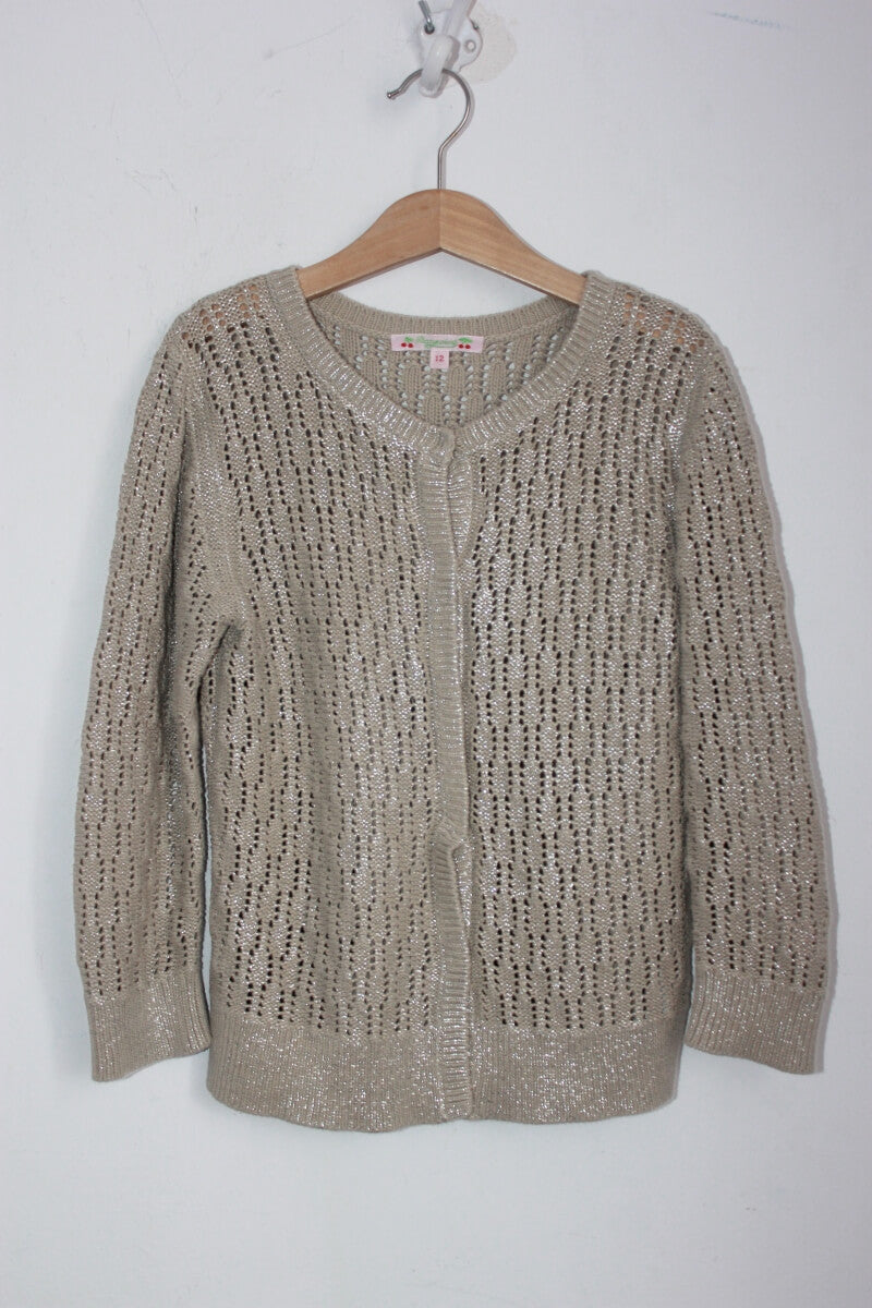 tweedehands beige ajour vest met zilver glitter van bonpoint in maat 128-134 voor een meisje