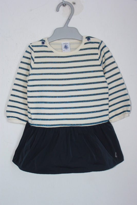 preloved blauw (met ee glittertje) en ecru gestreepte jurk met lange mouwen van petit bateau in maat 68