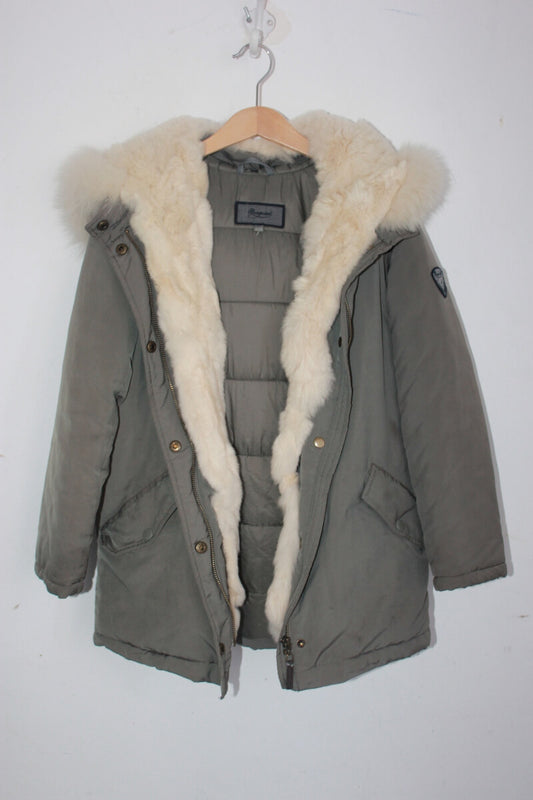 tweedehands unisex legergroene winterjas met capuchon en ecru bont van bonpoint in maat 134-140