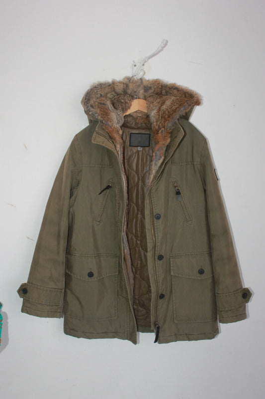 tweedehands unisex legergroene winterjas met bont van bonpoint in maat 152