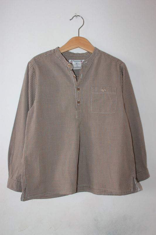 tweedehands katoenen bruin en blauw geruit overhemd met lange mouwen van bonpoint in maat 122-128 voor een jongen