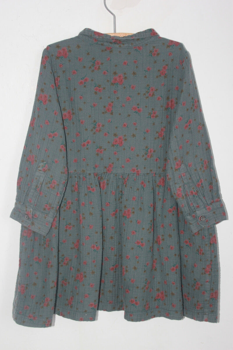 tweedehands katoenen grijsblauw en roze gebloemde jurk met lange mouwen in maat 104 van bonton
