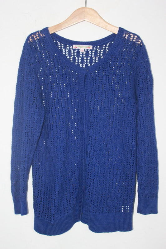 tweedehands katoenen donkerblauw ajour vest van bonpoint in maat 152