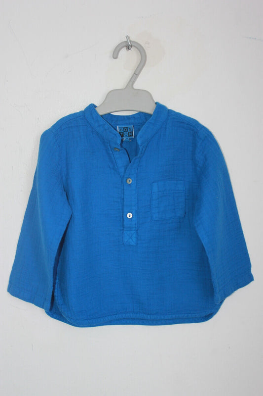 tweedehands katoenen koningsblauw overhemd met lange mouwen in maat 74 voor een baby jongen van bonton