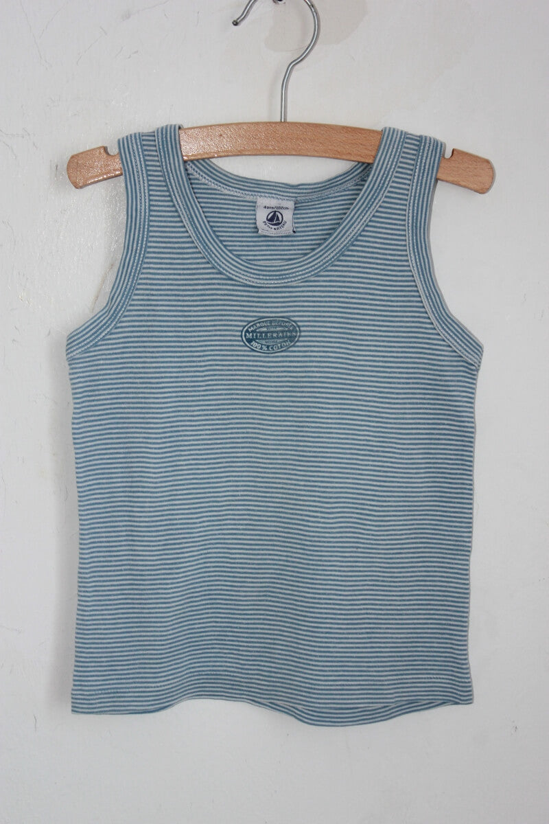 tweedehands katoenen blauw met wit gestreept mouwloos shirtje in maat 98-104 voor een jongen van petit bateau
