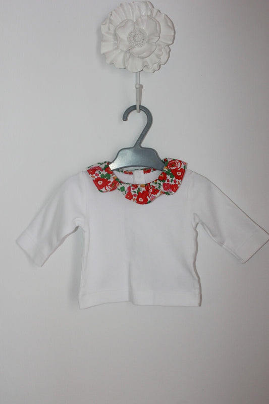 witte katoenen longsleeve met liberty volantkraagje in maat 62 voor een baby meisje van jacadi
