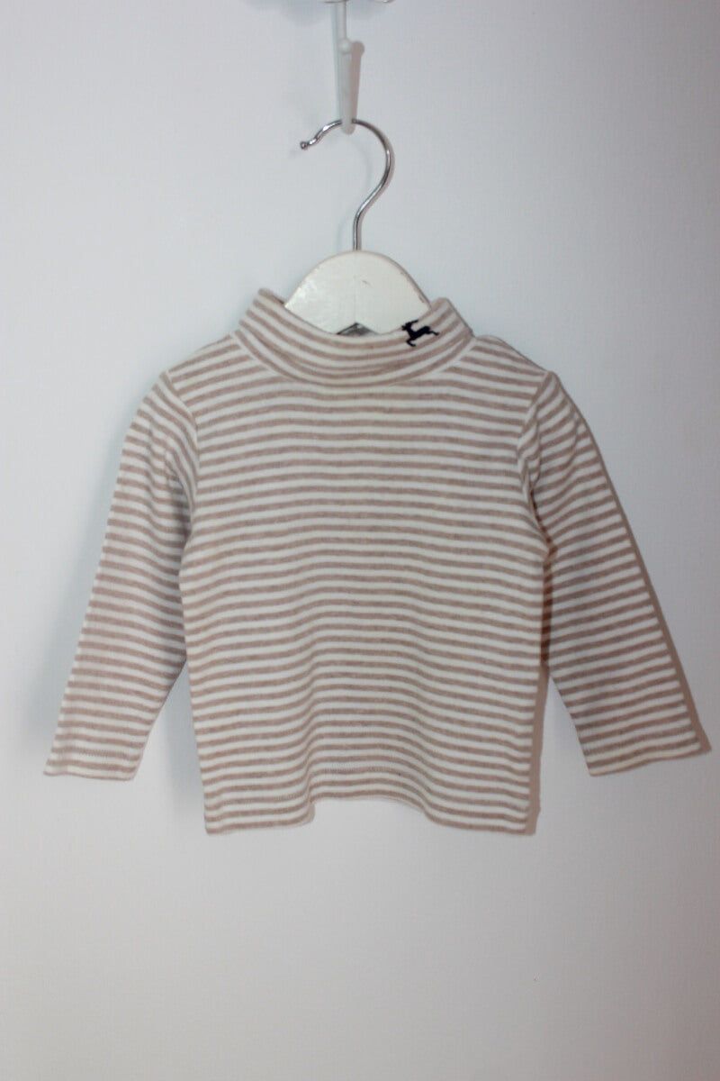 tweedehands unisex katoenen beige met creme gestreepte longsleeve met rolkraag in maat 68  van jacadi