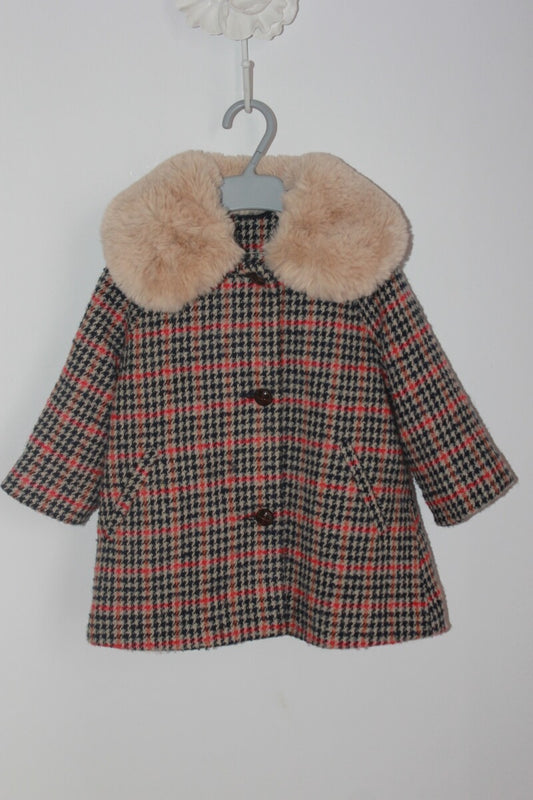 tweedehands geruite jas in multicolour met afneebare bontkraag van monoprix premium, maat 74 voor een baby meisje