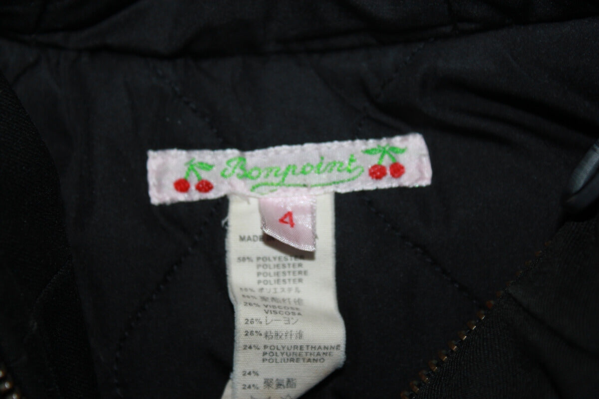 tweedehands unisex zwarte warme winterjas met afneembare capuchon met bontrand van bonpoint, maat 104