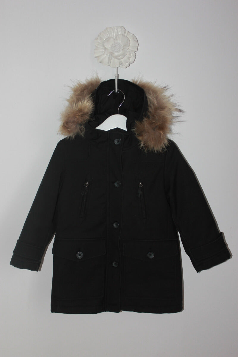 tweedehands unisex zwarte warme winterjas met afneembare capuchon met bontrand van bonpoint, maat 104