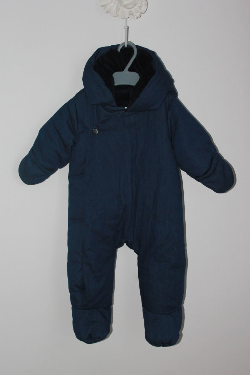 tweedehands unisex katoenen donkerblauw denim skipak met capuchon van jacadi in maat 68