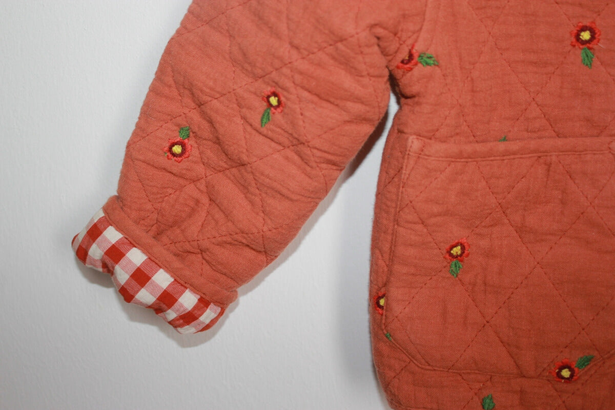 preloved roestbruine jas (voor het tussenseizoen) met geborduurde bloemetjes van monoprix in maat 98-104 voor een meisje