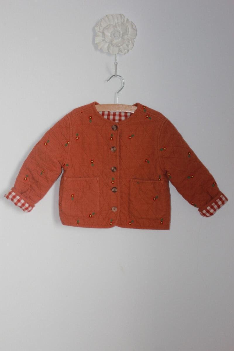 preloved roestbruine jas (voor het tussenseizoen) met geborduurde bloemetjes van monoprix in maat 98-104 voor een meisje