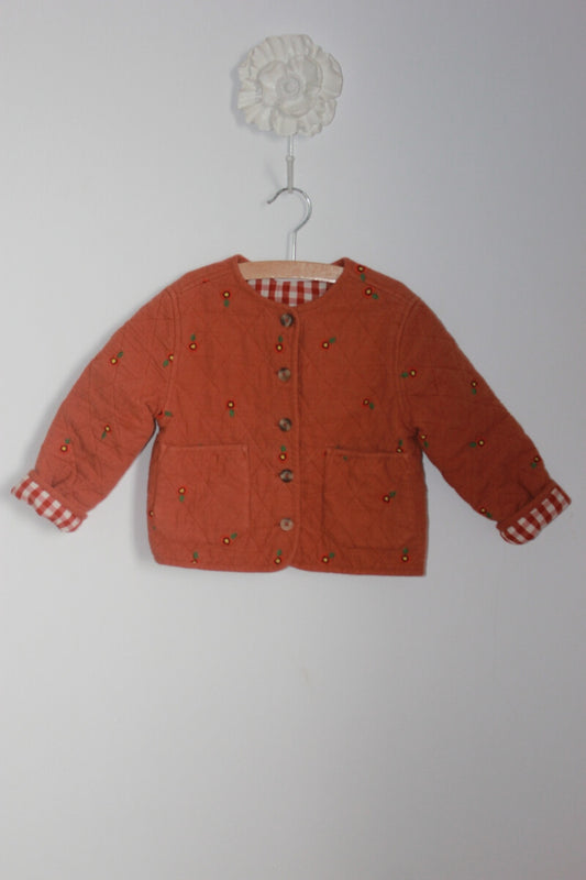 preloved roestbruine jas (voor het tussenseizoen) met geborduurde bloemetjes van monoprix in maat 98-104 voor een meisje