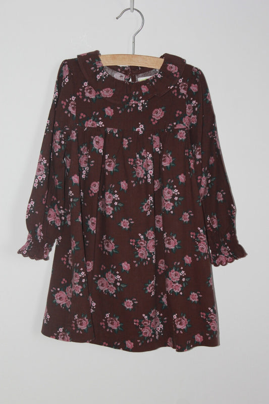 preloved auberinepaarse, met roze en groen, gebloemde jurk met lange mouwen en volant bij de hals van vert baudet in maat 104