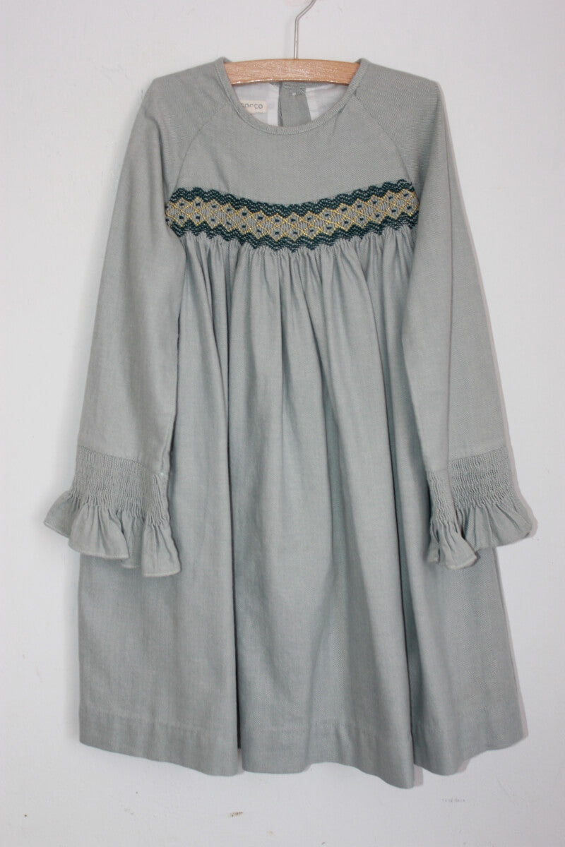 tweedehands-winterse-gesmockte-jurk-groen-goud-lange-mouwen-maat-122-meisje-gocco