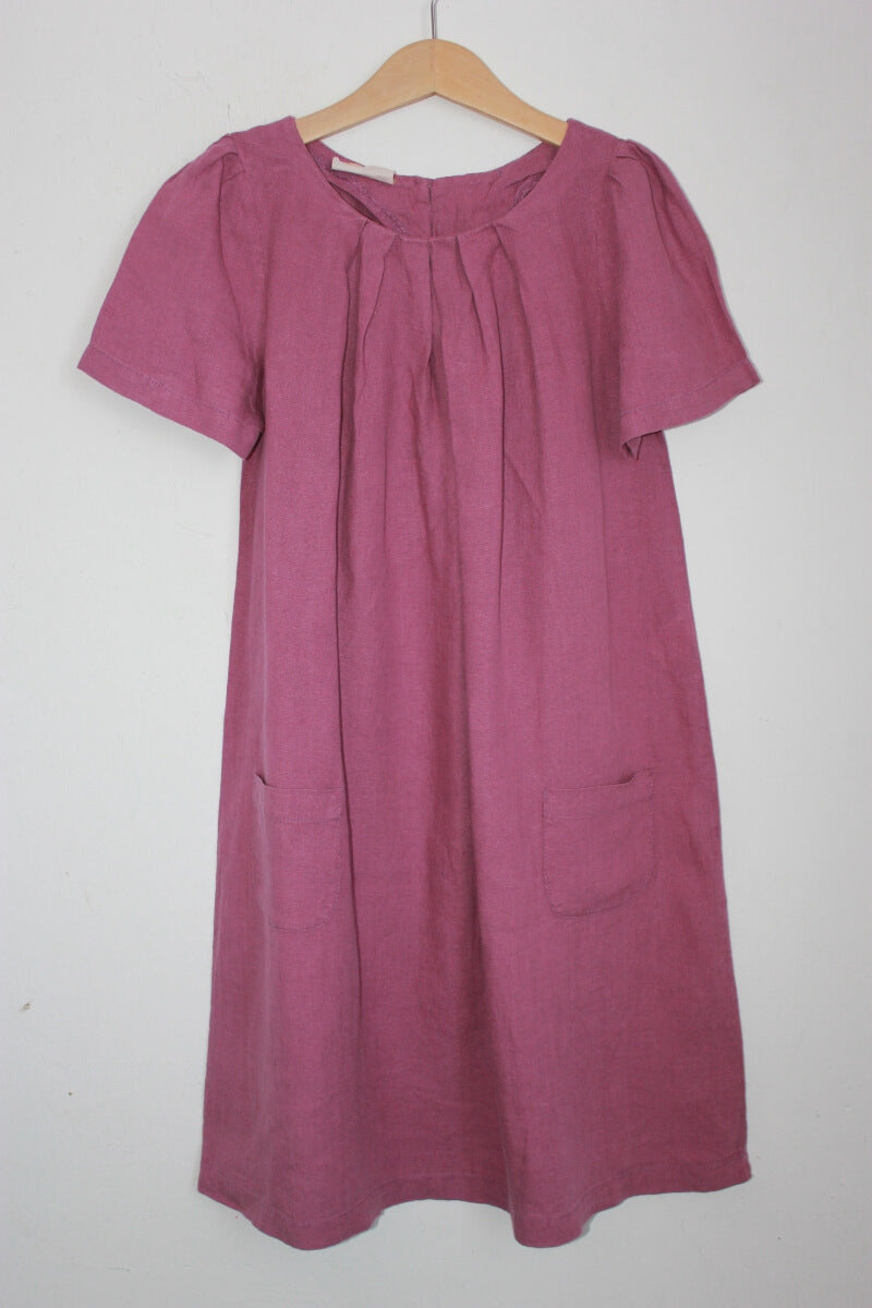 tweedehands-mauve-linnen-jurk-korte-mouwen-maat-140-monoprix