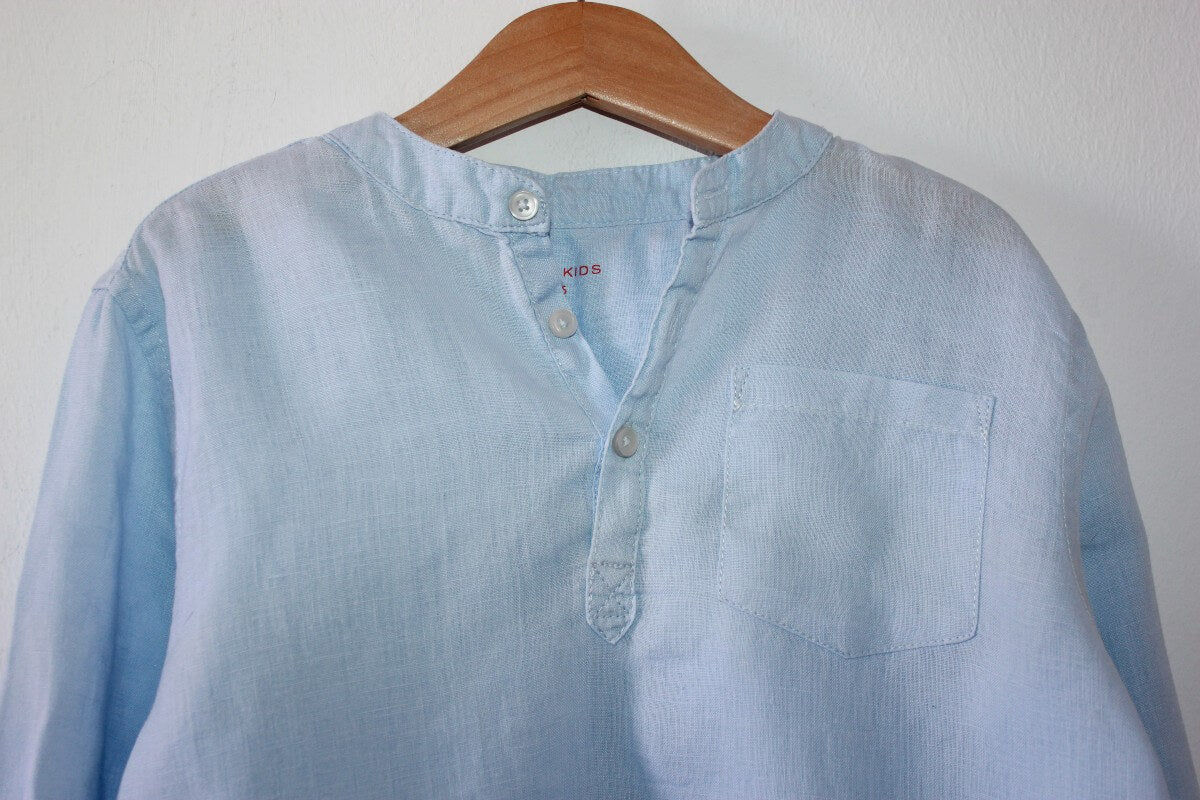 lichtblauw-linnen-overhemd-lange-mouwen-mao-kraagje-maat-122-jongen-monoprix