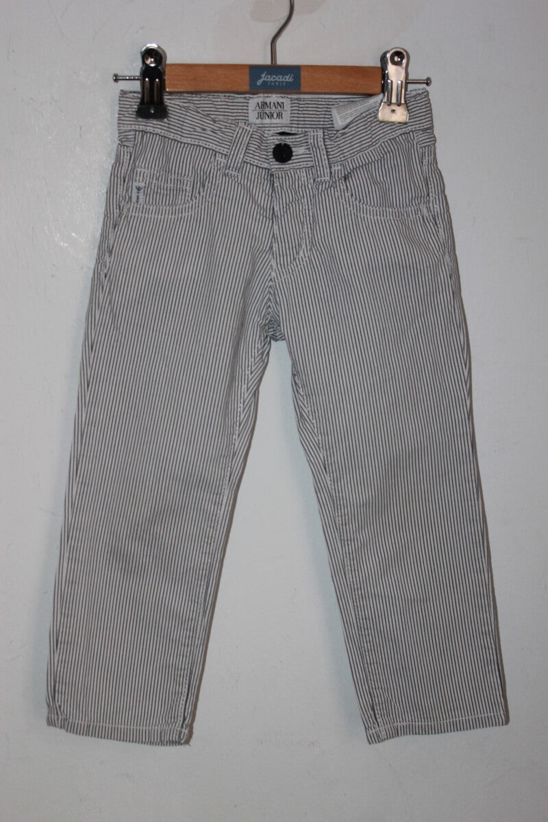 tweedehands unisex katoenen zomerse donkerblauw met wit gestreepte lange broek in maat 92 van armani