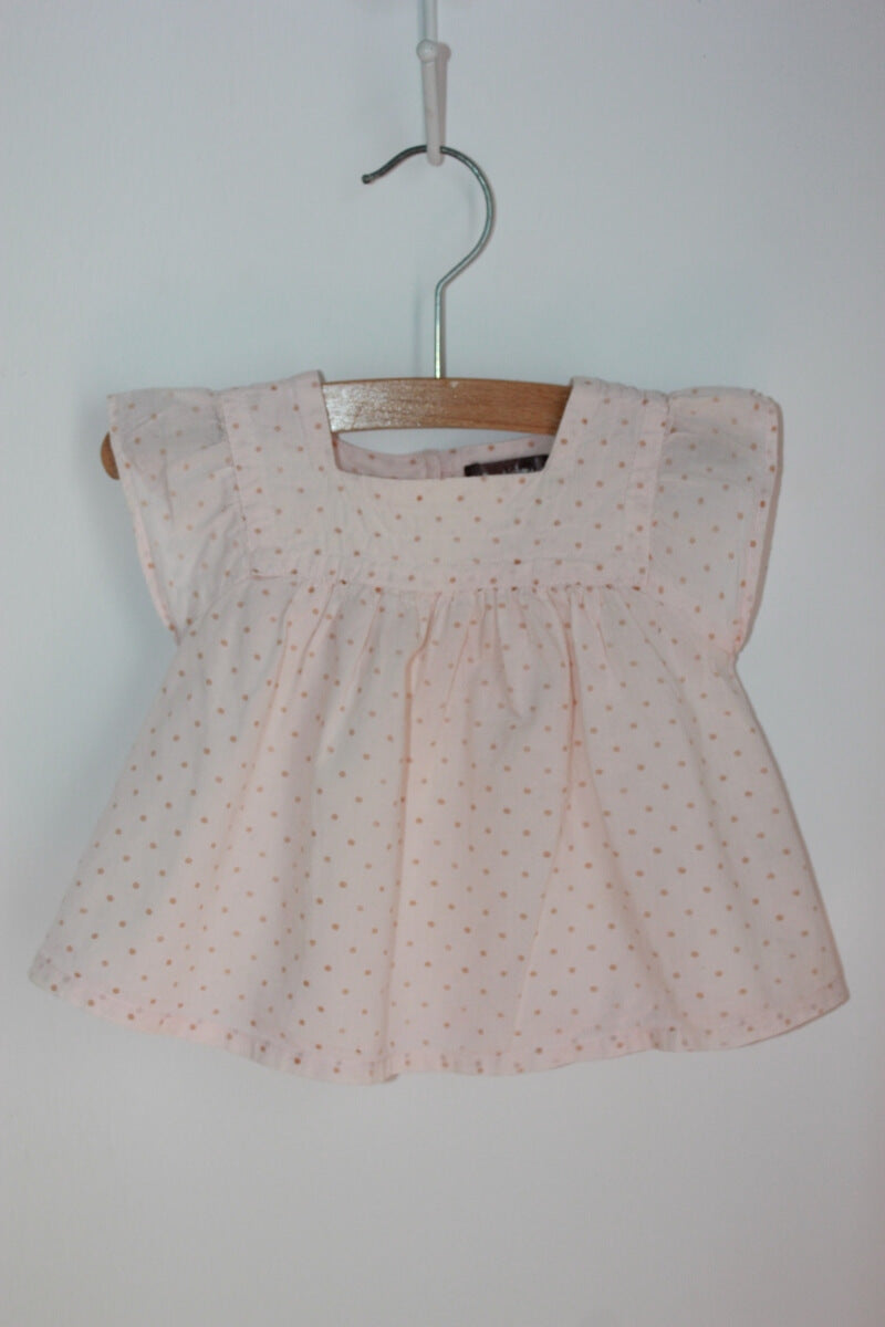 preloved katoenen zomerse roze blouse  met stipjes en korte mouwen in maat 62 van boutchou