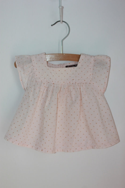 preloved katoenen zomerse roze blouse  met stipjes en korte mouwen in maat 62 van boutchou