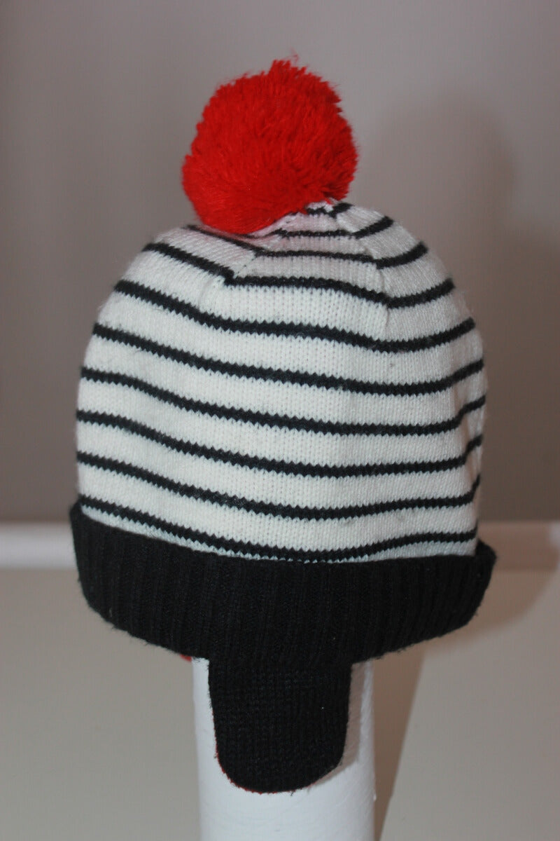 preloved unisex katoenen unisex donkerblauw en ecru gestreepte muts met rode pompon in maat 80 van bout'chou