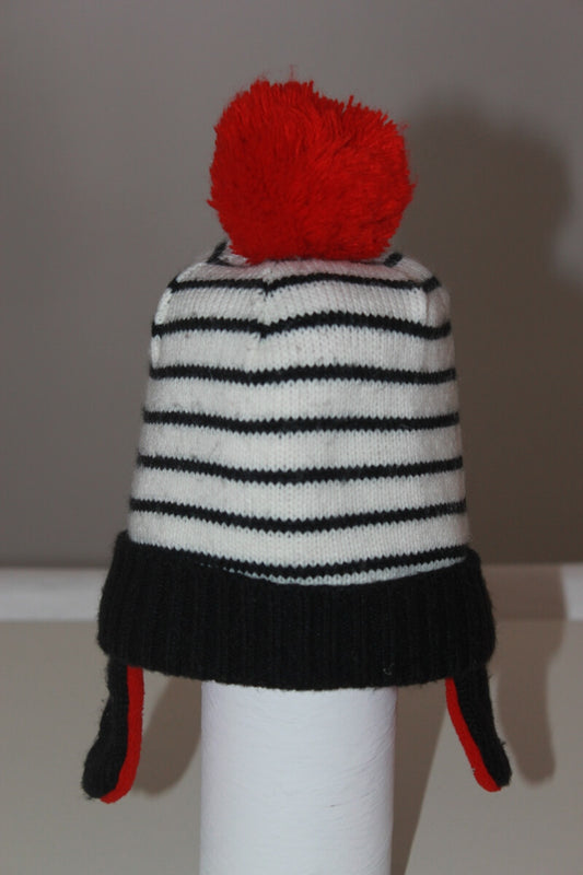 preloved unisex katoenen unisex donkerblauw en ecru gestreepte muts met rode pompon in maat 80 van bout'chou
