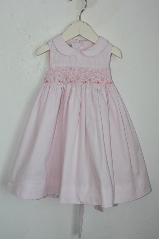 tweedehands katoenen zomerse mouwloze gesmockte roze jurk in maat 74 van cyrillus