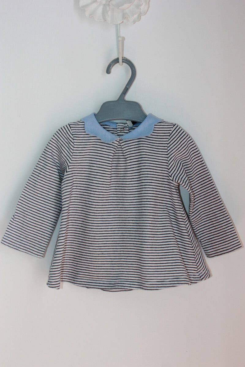 Tweedehands katoenen blauw en wit gestreepte longsleeve met kraagje in maat 68 voor een baby meisje van cyrillus